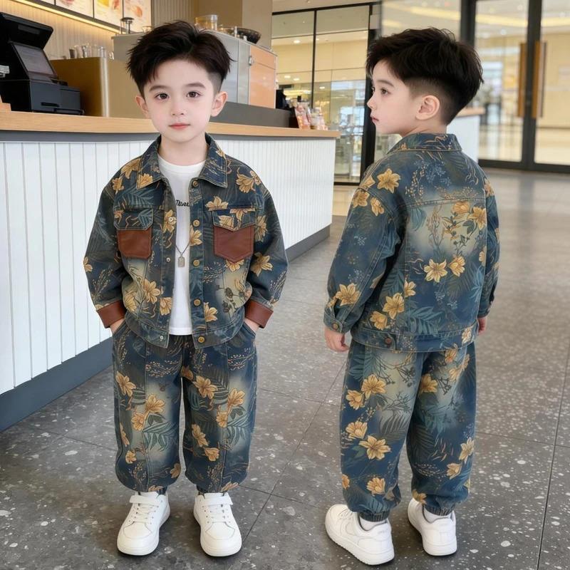 1享来优品严选男童春秋牛仔套装中小儿童碎花衣服男孩外套两件套