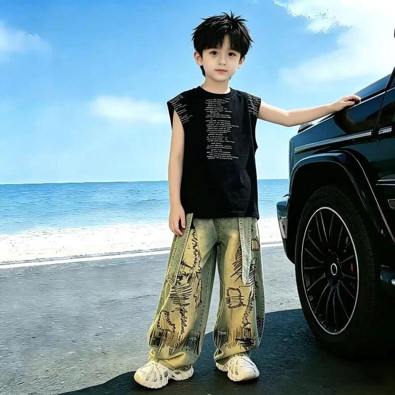 曜晨童品馆男童夏季套装儿童时髦牛仔裤男孩时尚百搭长裤两件套