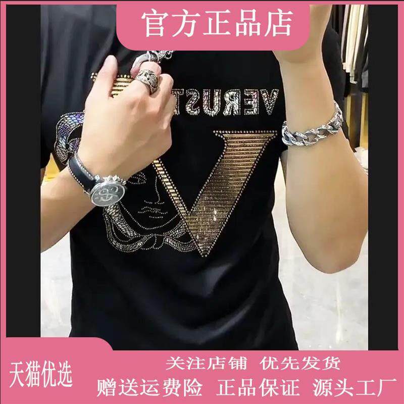 帝裳轩高奢水钻莱卡欧洲站高档宽松烫钻男士短袖T恤衫圆领欧货潮