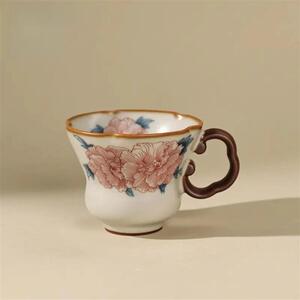 中妙手绘复古芙蓉花四瓣花口福禄主人杯居家家用茶具