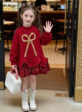 童心美童装优选女童秋冬季连衣裙新款儿童洋气亮闪闪红色连衣裙