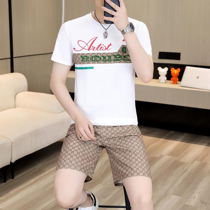 高端冰丝男士休闲运动套装薄款潮流字母刺绣短袖满印五分裤两件套