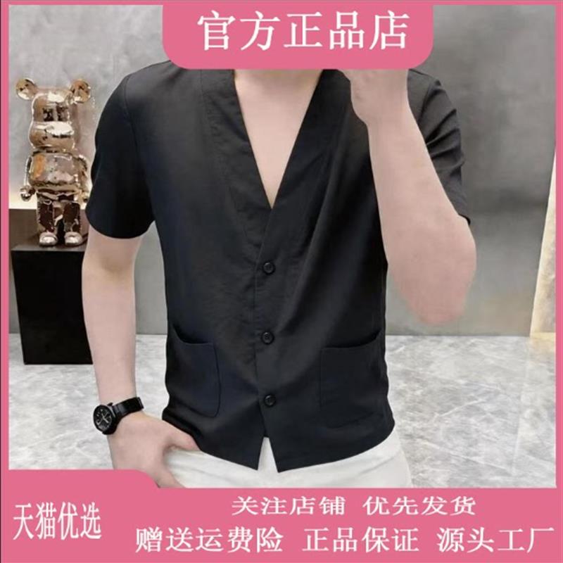 欧卡曼男装高档轻奢时尚夏季新款男士V领短袖衬衣休闲宽松潮流