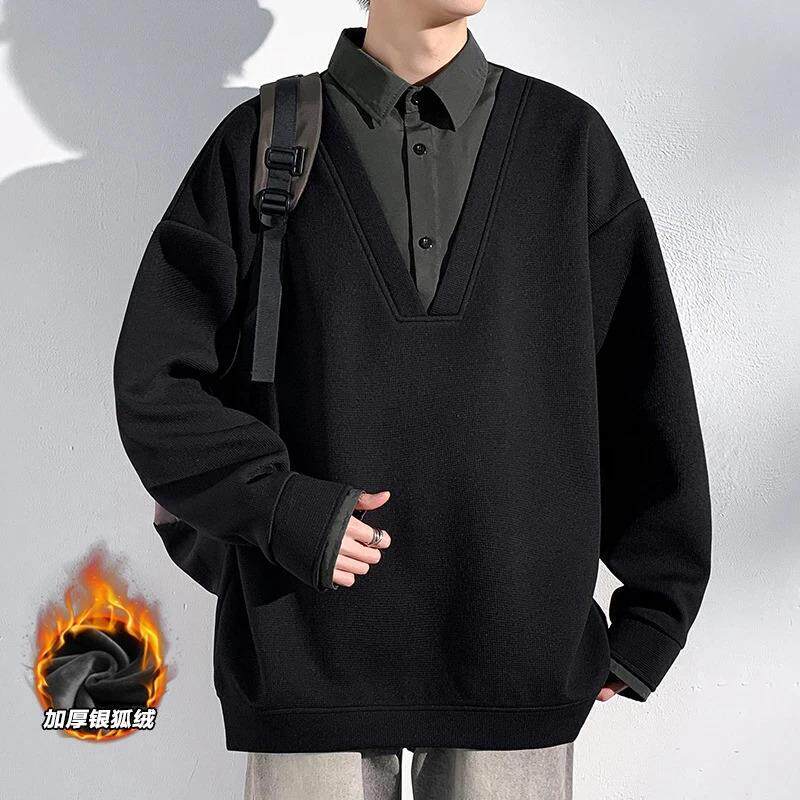 蕉纤蕉服饰专卖假两件华夫格卫衣拼接衬衫领套头衫复古长袖POLO衫