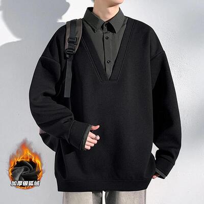 蕉纤蕉服饰专卖假两件华夫格卫衣拼接衬衫领套头衫复古长袖POLO衫