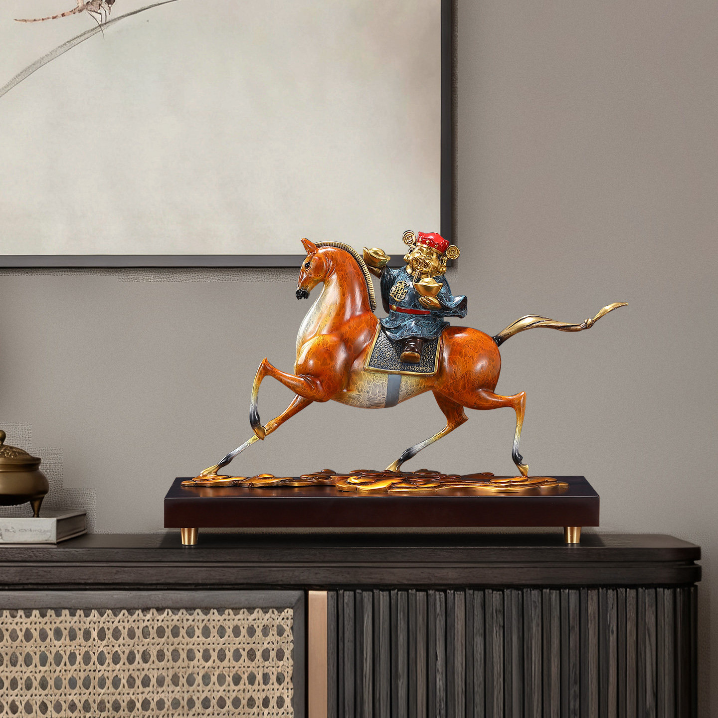 黄铜马年财神爷马摆件马上有钱客厅玄关办公室桌面乔迁开业礼物