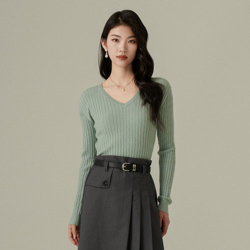 阿依莲简约气质V领上衣2026年春新款女日常休闲内搭外穿毛针织衫