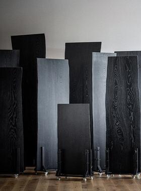 白蜡木自然边桌面黑色书桌原木侘寂风茶台餐桌碳化木大板桌