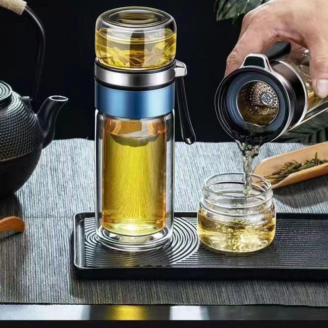 高档双层茶水分离玻璃水隔热透明茶杯便携杯网红可爱女礼品过滤杯