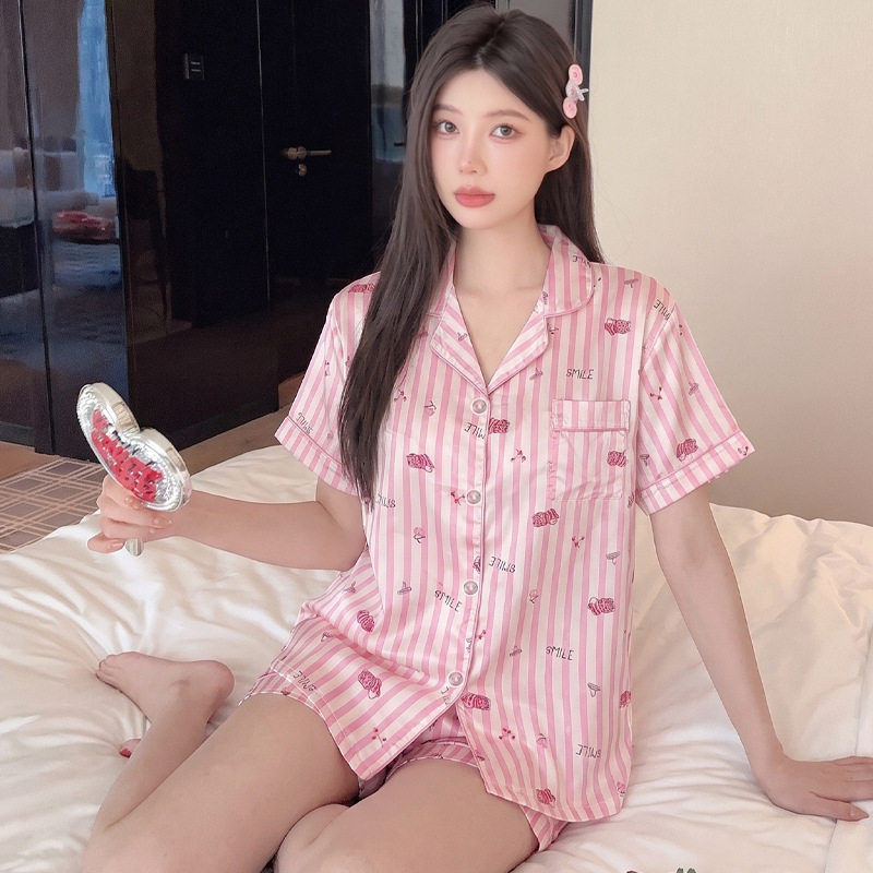 法式粉色条纹睡衣女夏季冰丝甜妹少女风薄款家居服短袖两件套舒适