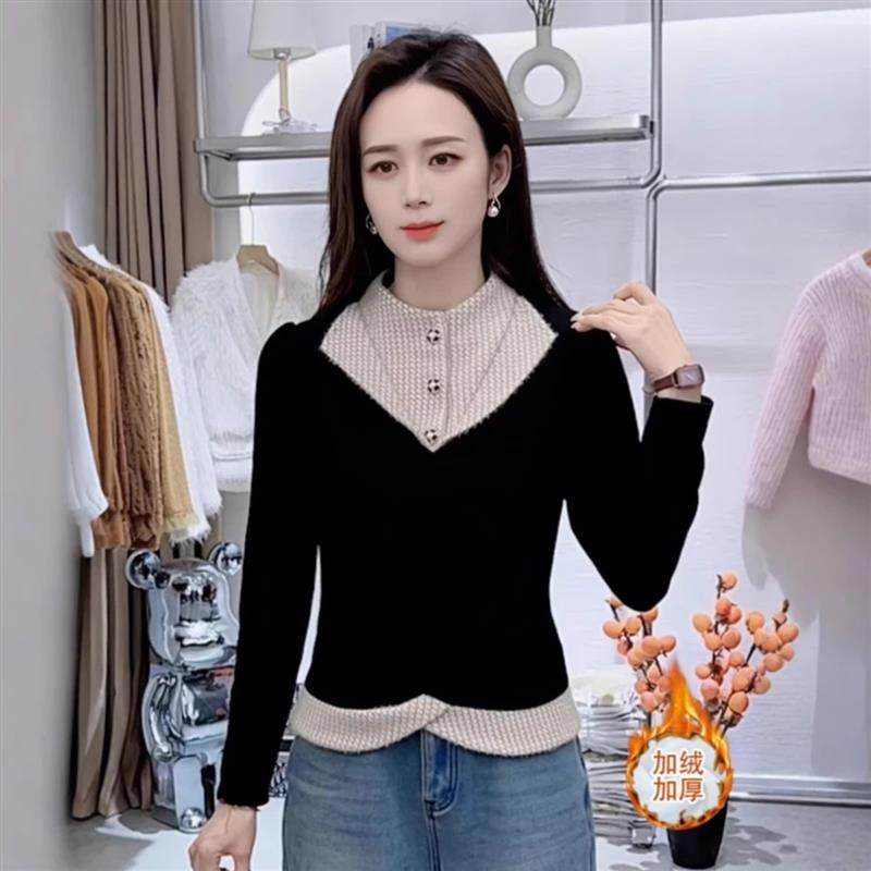 祈宁法式假两件圆领长袖T恤女士冬季新款加绒加厚洋派外贸打底衫