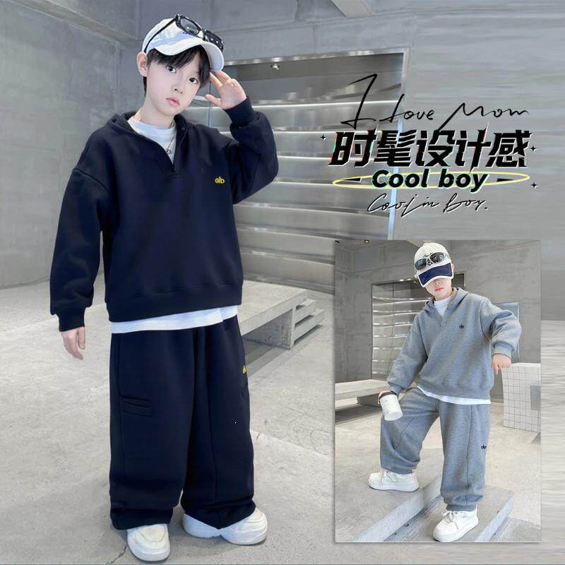 尚喜童装优选男童秋连帽假两件套装新字母休闲卫衣帅气宽松两件套