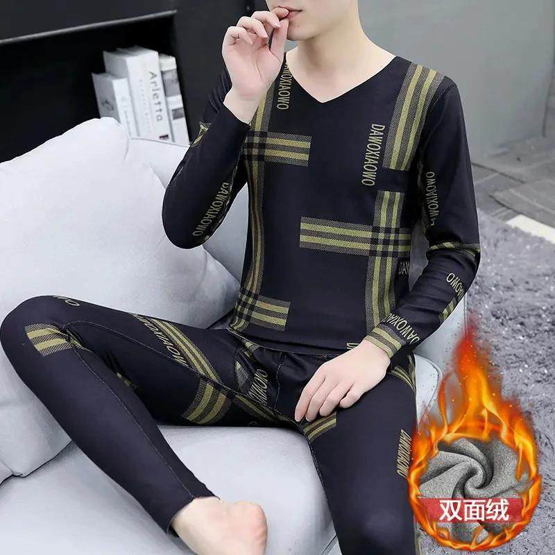 芙倪STUDIO秋冬季男德绒发热衣裤V领薄款加绒打底棉毛衫防寒