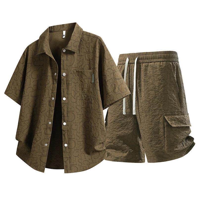 瑞雯百货男士短袖衬衫套装夏季新款男装青少年休闲简约潮流两件套