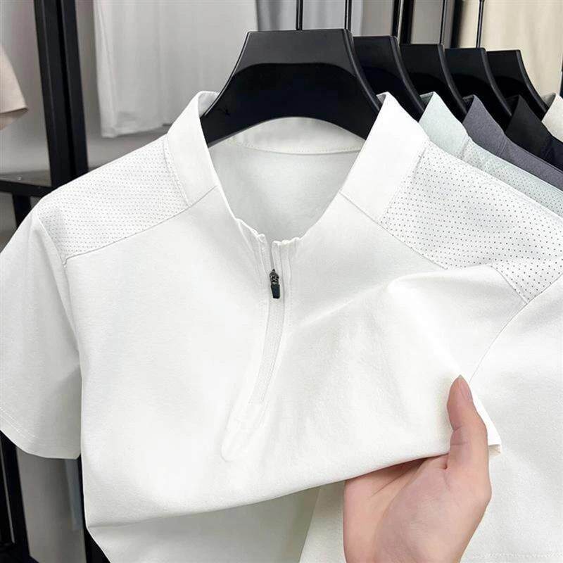 雯睿铺3半拉链立领冰丝短袖T恤男士夏季吸湿速干运动透气体恤衫1