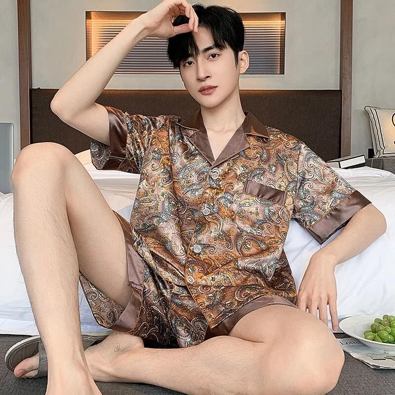 辰朗轻奢新款冰丝网红睡衣男夏季短袖仿真丝薄款青少年家居服套装