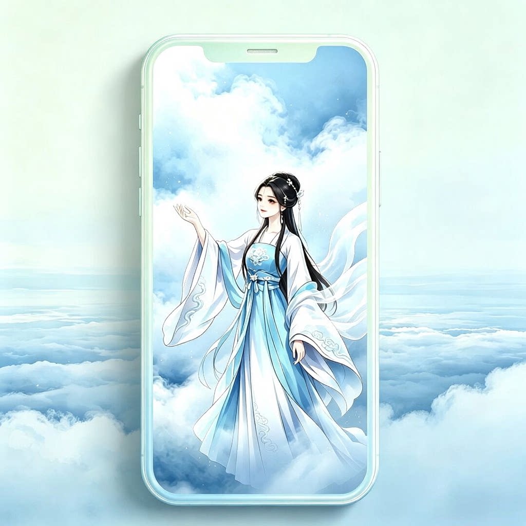 蓝白汉服仙女云海仙气古风美女手机虚拟手机壁纸无实物无物流图片