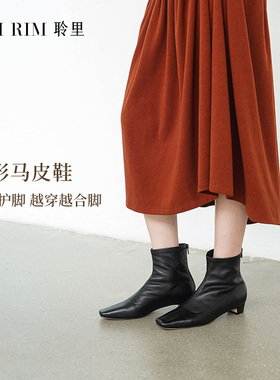 RIM RIM马皮塑形短靴牛反绒法式小方头时装靴美拉德方跟瘦瘦靴女