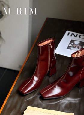 RIM RIM2025秋冬新款亮面短靴女瘦瘦靴法式复古时装靴塑型马皮鞋