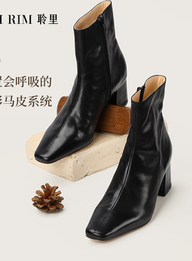 RIM RIM欧洲塑形马皮优雅复古方跟增高瘦瘦靴秋冬短筒方头短靴女