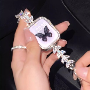 适用华为fit3表带ins闪钻美人鱼金属表链华为Fit4代高级女iwatchS10 5代se镶钻45mm表链41mm秋冬腕带