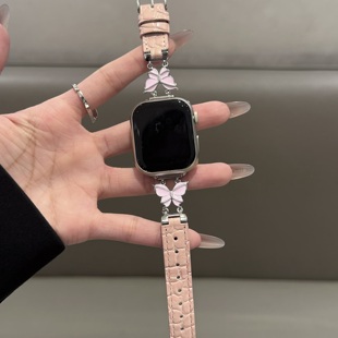 5代se高级41mm女45mm镶钻fit4Pro 适用华为Fit4表带ins滴胶蝴蝶拼鳄纹皮质腕带iwatchS10 FIT3真皮9Pro