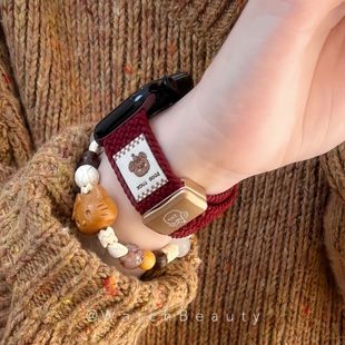 适用华为Fit4表带ins秋冬礼貌小熊编织磁吸腕带iwatchS11/10/9/8/7代se3女41mm百搭45mm尼龙红米654表带89Pro
