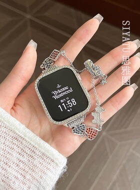 适用华为fit4表带ins镶钻扑克表链iwatchS10/9/8/7/6/5代se2高级41mm女45mm爱嘉莎扑克女王同款手链89Pro腕带
