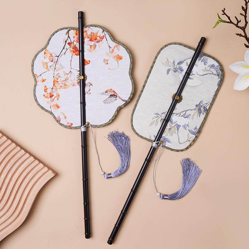 中国风古画长柄紫竹腰扇汉服搭配可折叠旋转长流苏团扇可换扇面