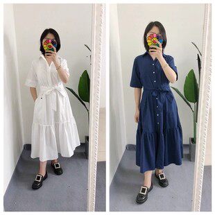 清 仅6码 买手店女士优雅气质府绸棉衬衫裙层叠腰带连衣裙outlets