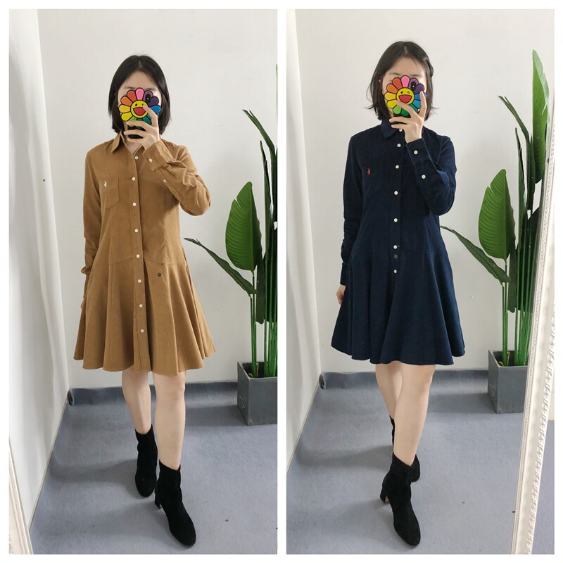清 买手店 灯芯绒翻领衬衫裙长袖连衣裙A字裙 小个子通勤 outlets