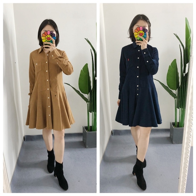 清 买手店 灯芯绒翻领衬衫裙长袖连衣裙A字裙 小个子通勤 outlets
