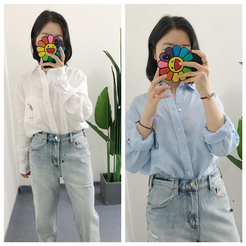 比验收啦 买手店 口袋polo刺绣工装风宽松亚麻衬衫男女款