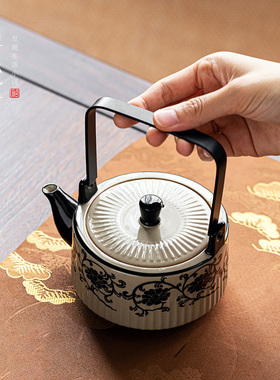 民窑雕花竖纹提梁壶复古风磁州窑大茶壶青灰釉陶瓷家用功夫茶具