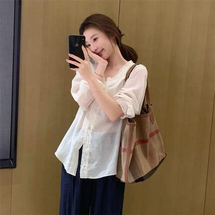 韩系V领防晒衬衫女薄款2026夏季新款高级感休闲宽松气质减龄上衣