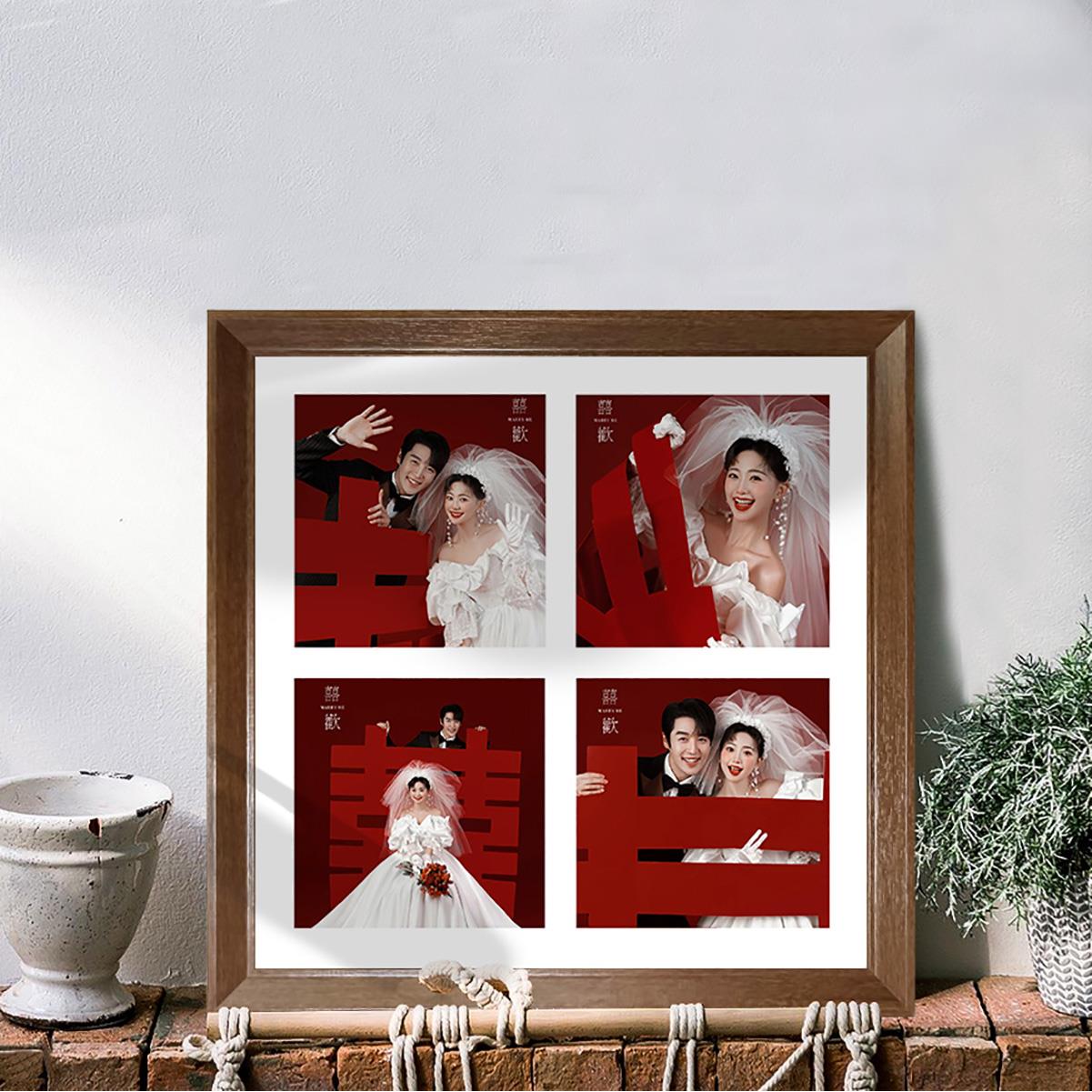 轻奢风咖色实木相框四宫格九宫格摆件照片冲印婚纱儿童手机相片照