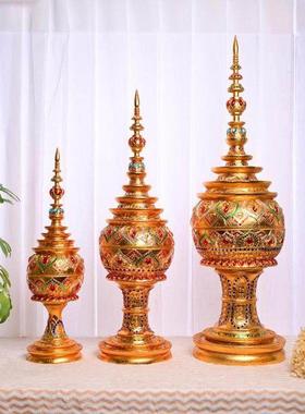 泰国佛塔摆件装饰工艺品实木挖空宝塔收纳酒店民宿会所泰式软装