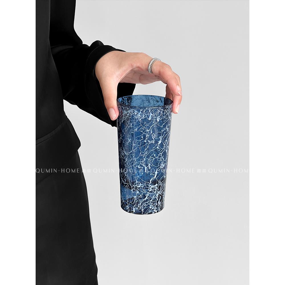 趣皿 ins风蓝色裂纹玻璃杯富士山喝水杯子高级感果汁饮料牛奶杯