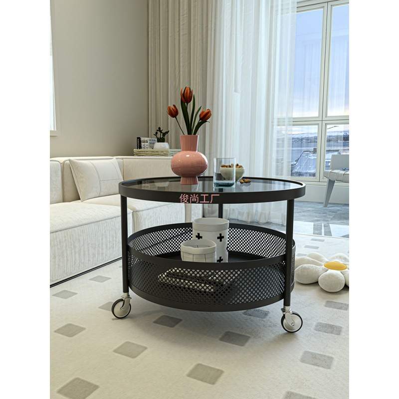 法式奶油风可移动茶几小户型客厅家用沙发边几桌带轮迷你圆桌