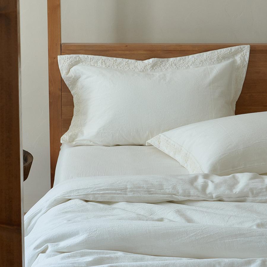 田床园麻感棉边刺绣四ZH件套简约被白色纯棉单套卧室床上用宽品