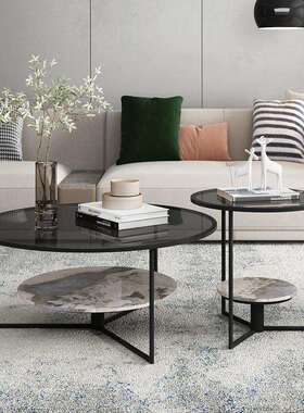 子意形式双层用玻璃茶几客厅家岩板57282桌小户型轻奢现代圆钢化