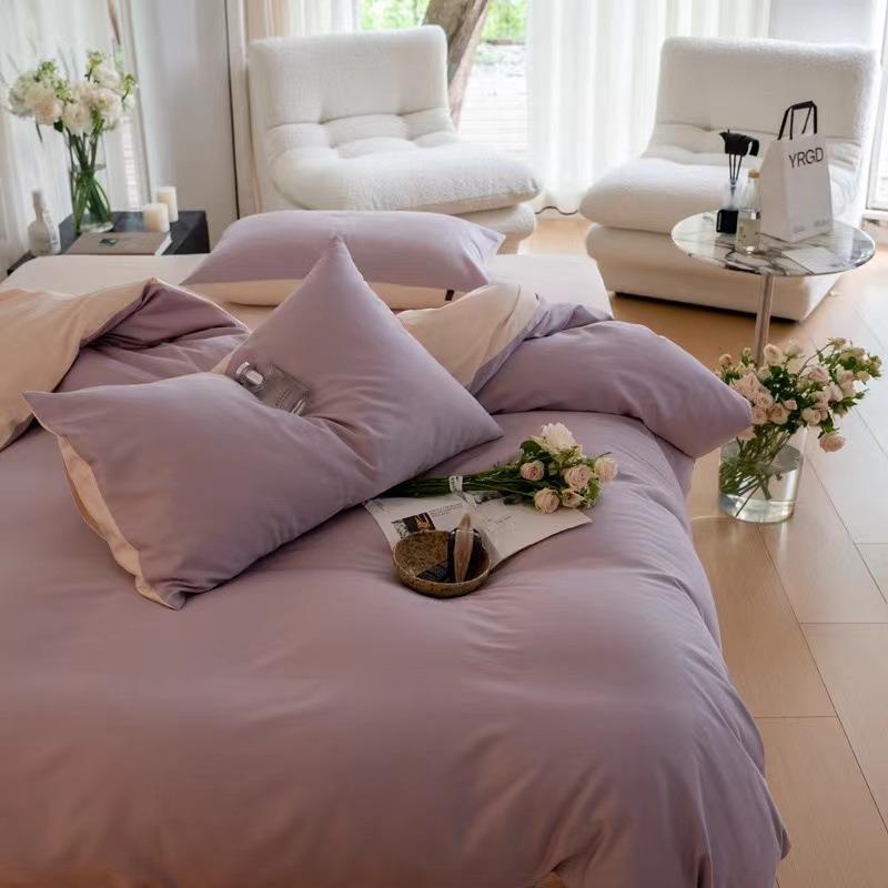A全棉100支磨毛四类件套纯色双床上用简约纯棉拼色撞色品221424秋