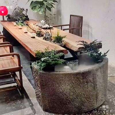 循环流水式景观茶桌一体茶台养鱼创新中实木流曲10030609水觞意桌
