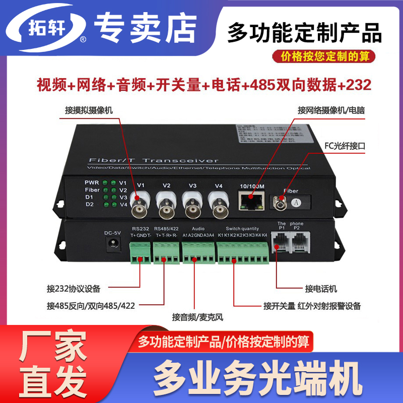 拓轩多业务光端机视频音频电话网络开关量双向485 232光端机支持定制转光纤收发器