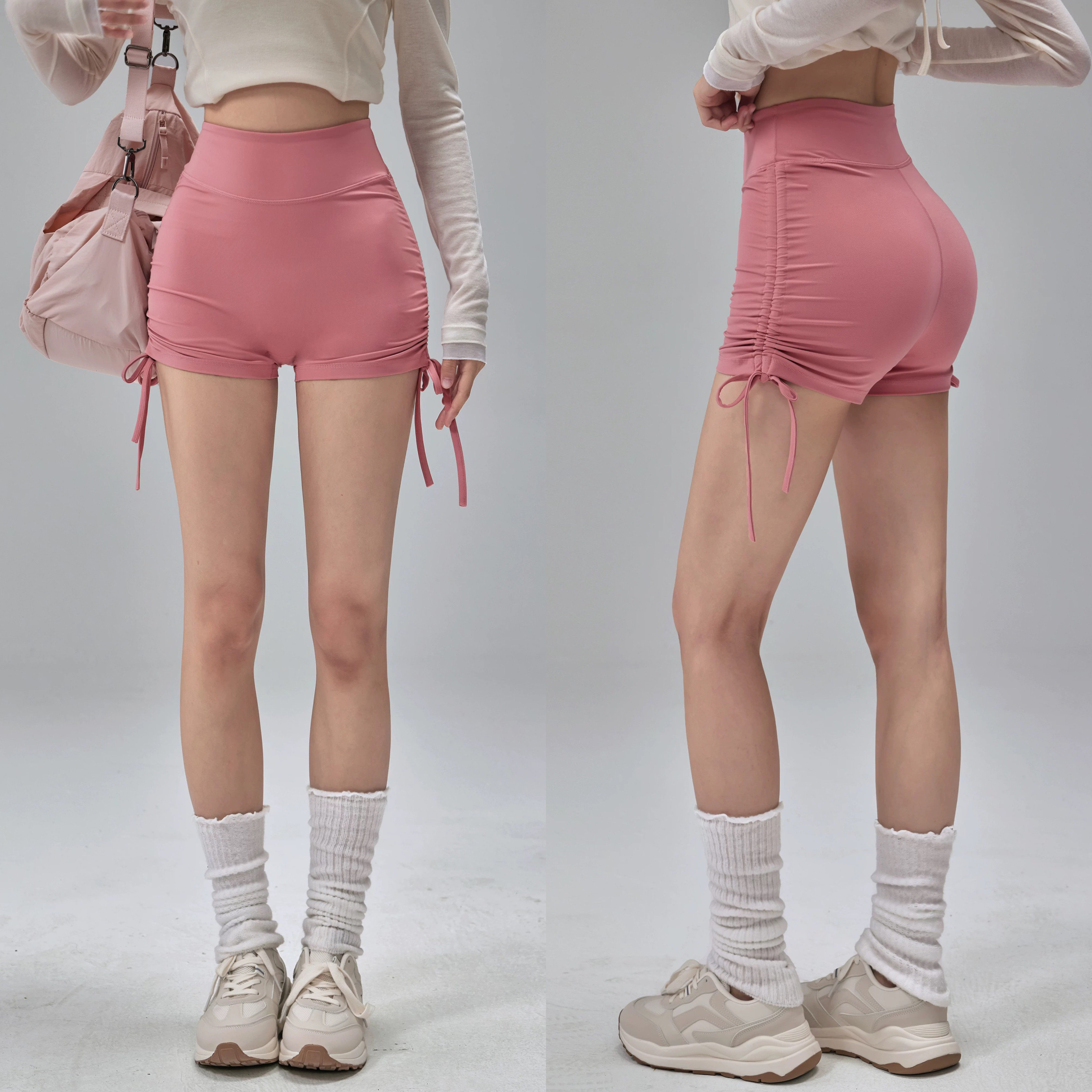 高腰运动热裤夏性感健身短裤抽绳绑带速干跑步舞蹈三分裤女蜜桃臀