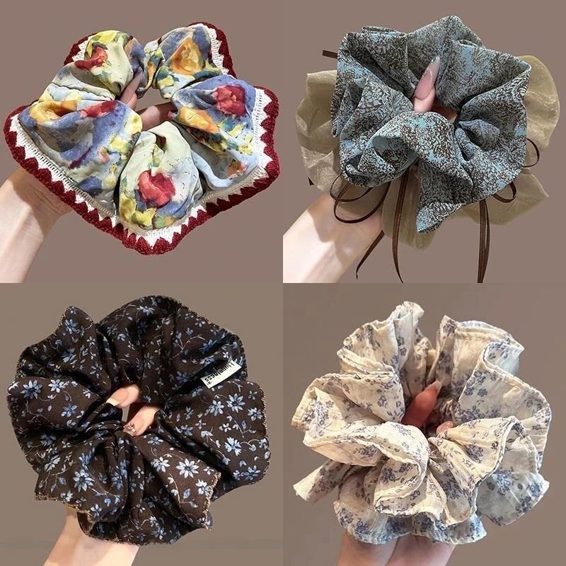 新款碎花大肠复古油画裙摆发圈女气质大号扎低马尾发绳皮筋发饰