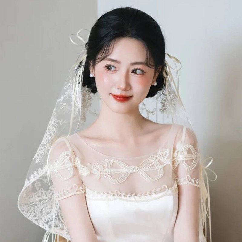 新款复古蕾丝蝴蝶结丝带小头纱新娘头饰法式跟妆造型拍照旅拍配饰