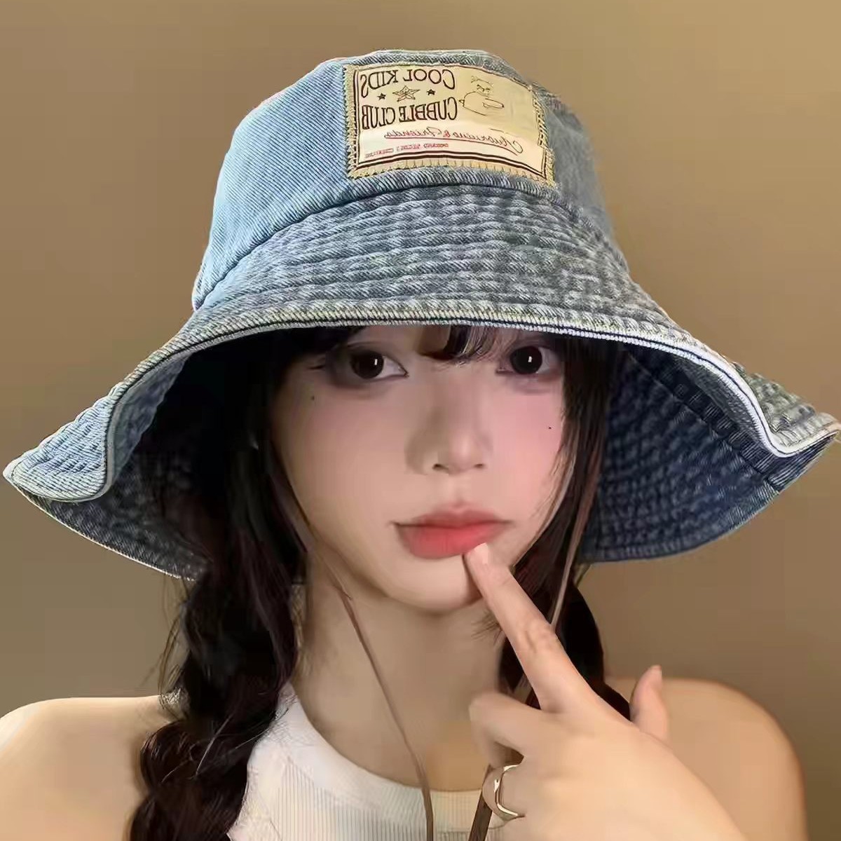 牛仔渔夫帽女日系贴布复古水洗做旧大帽檐盆帽显脸小遮阳防晒帽子