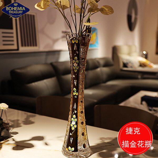 捷克BOHEMIA进口手工精刻水晶玻璃金色落地北欧摆件轻奢插花瓶