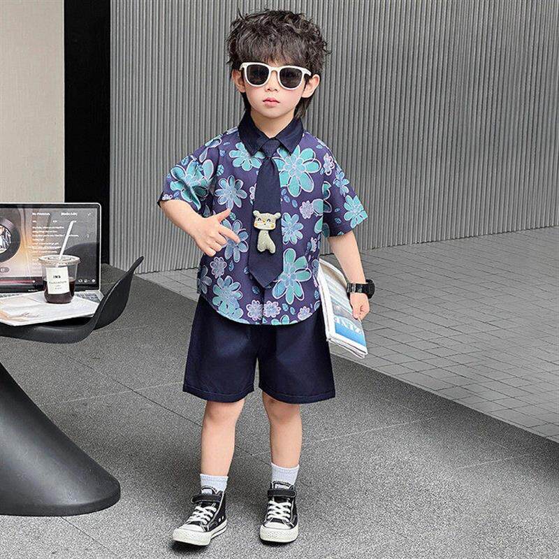儿童夏季休闲套装男童韩版洋气藏青花卉领带衬衣宝宝短裤两件套潮